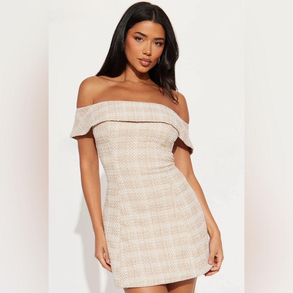 Off-Shoulder Cream Tweed Bodycon Dress